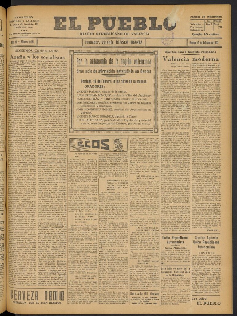 Miniatura de El Pueblo : Diario republicano de Valencia del 17 de febrero de 1933, nº 13.995