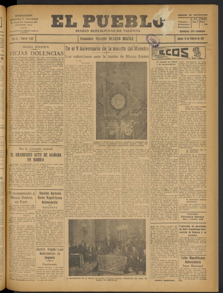 Miniatura de El Pueblo : Diario republicano de Valencia del 18 de febrero de 1933, nº 13.996