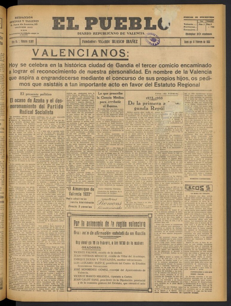 Miniatura de El Pueblo : Diario republicano de Valencia del 19 de febrero de 1933, nº 13.997