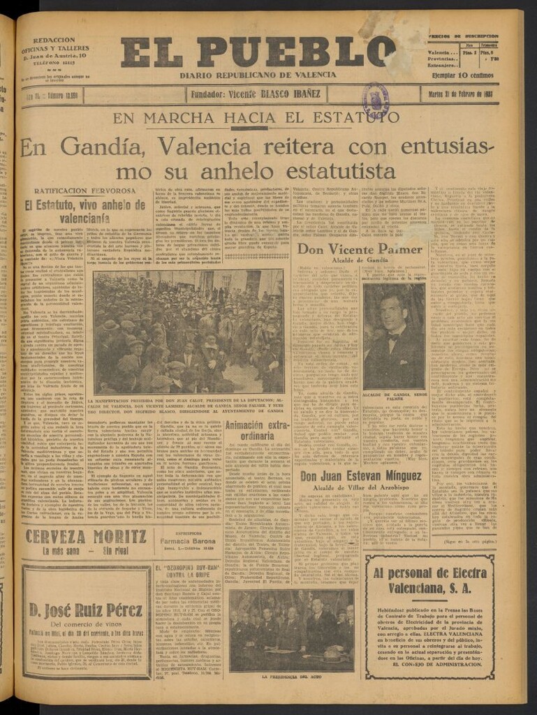 Miniatura de El Pueblo : Diario republicano de Valencia del 21 de febrero de 1933, nº 13.998