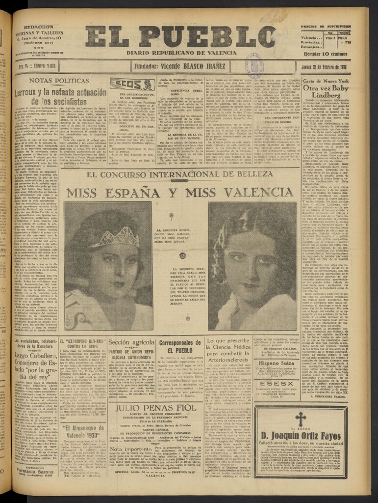Miniatura de El Pueblo : Diario republicano de Valencia del 23 de febrero de 1933, nº 14.000