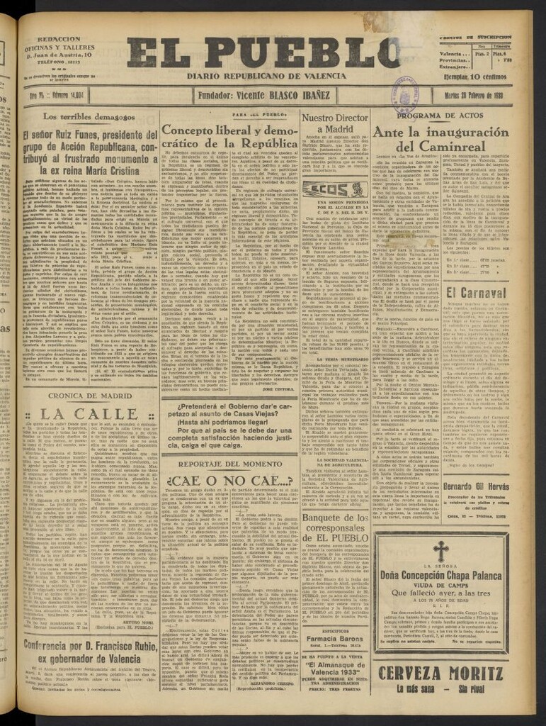 Miniatura de El Pueblo : Diario republicano de Valencia del 28 de febrero de 1933, nº 14.004