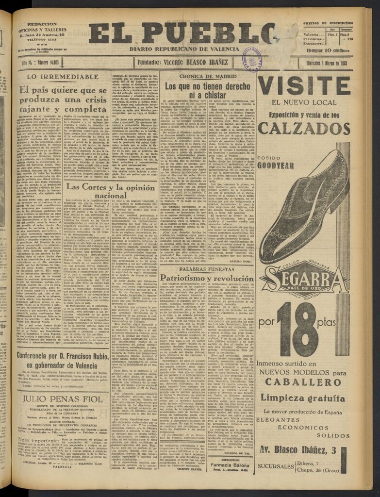 Miniatura de El Pueblo : Diario republicano de Valencia del 1 de marzo de 1933, nº 14.005
