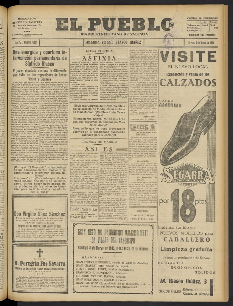 Miniatura de El Pueblo : Diario republicano de Valencia del 3 de marzo de 1933, nº 14.007