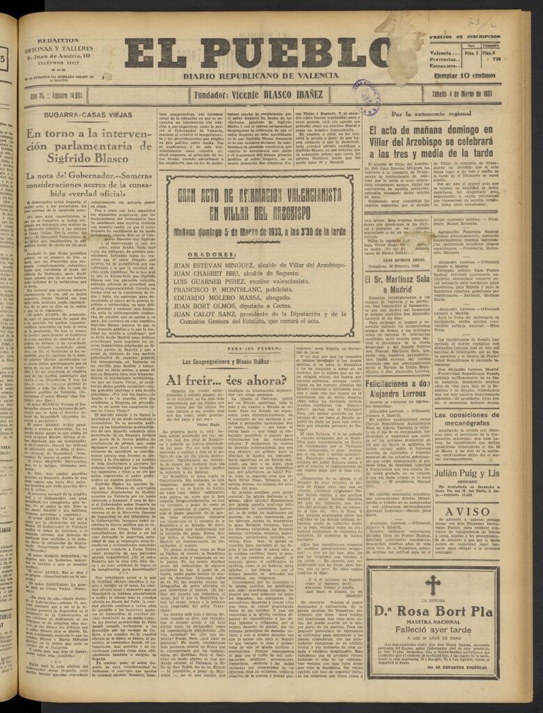 Miniatura de El Pueblo : Diario republicano de Valencia del 4 de marzo de 1933, nº 14.008