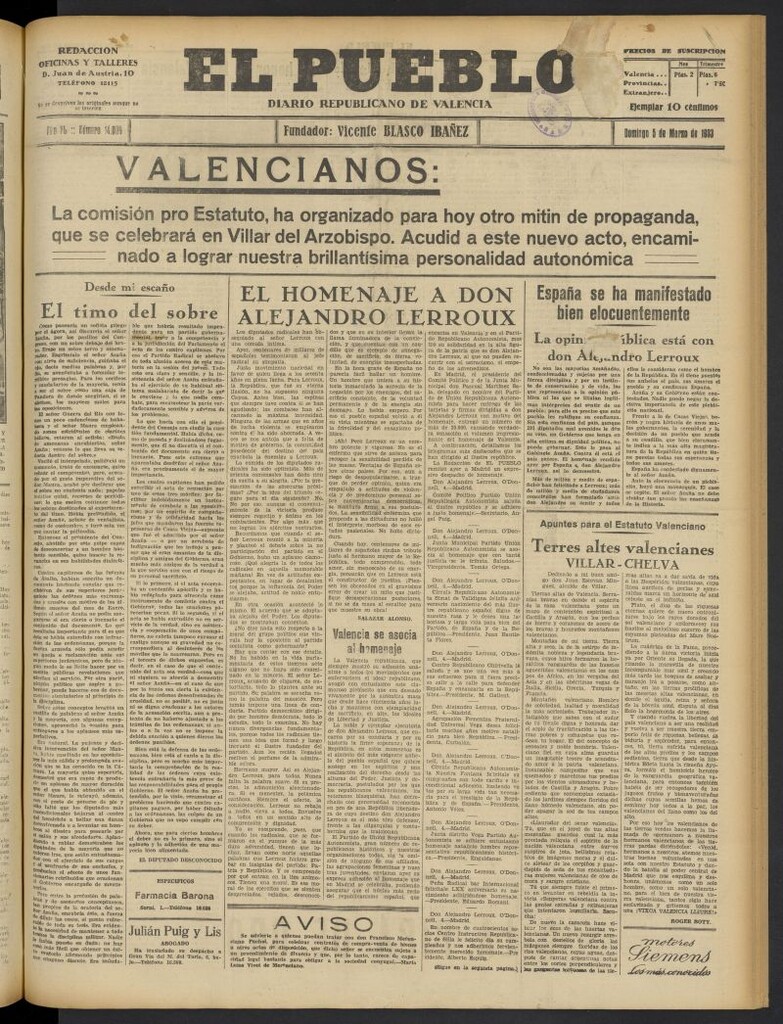 Miniatura de El Pueblo : Diario republicano de Valencia del 5 de marzo de 1933, nº 14.009