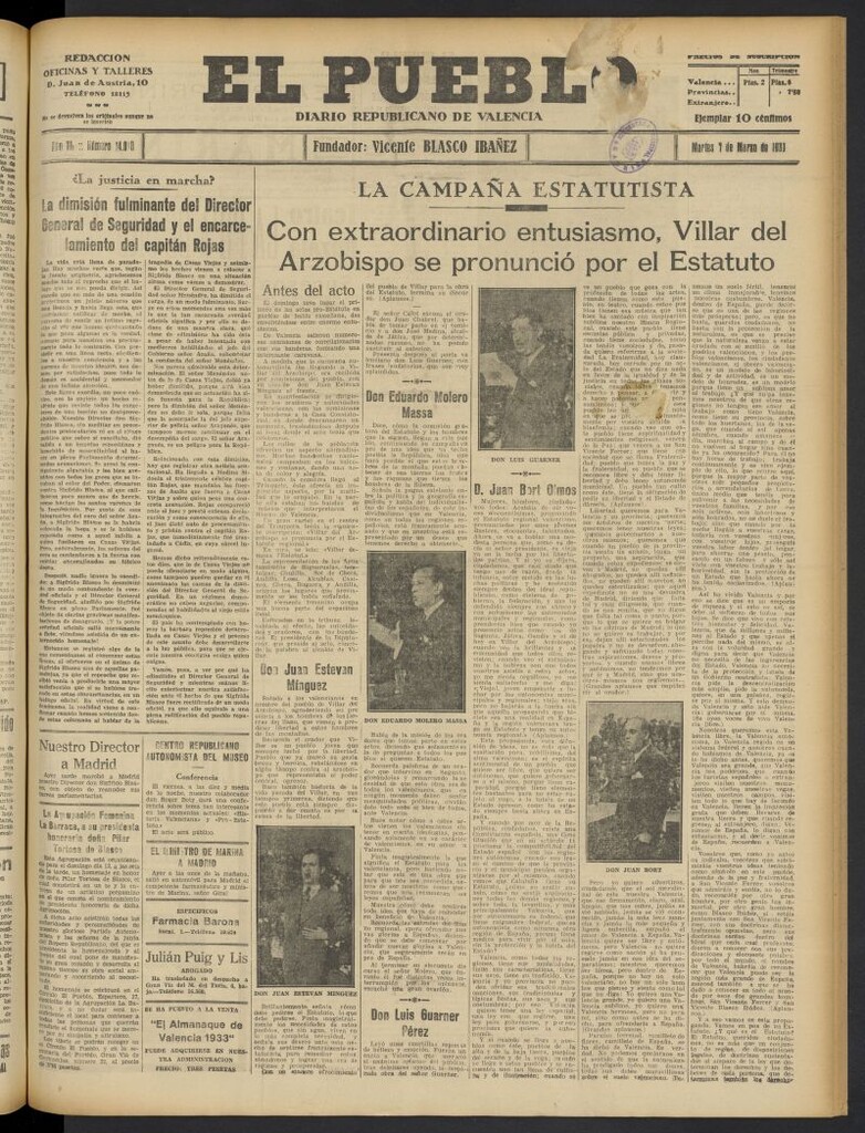 Miniatura de El Pueblo : Diario republicano de Valencia del 7 de marzo de 1933, nº 14.010