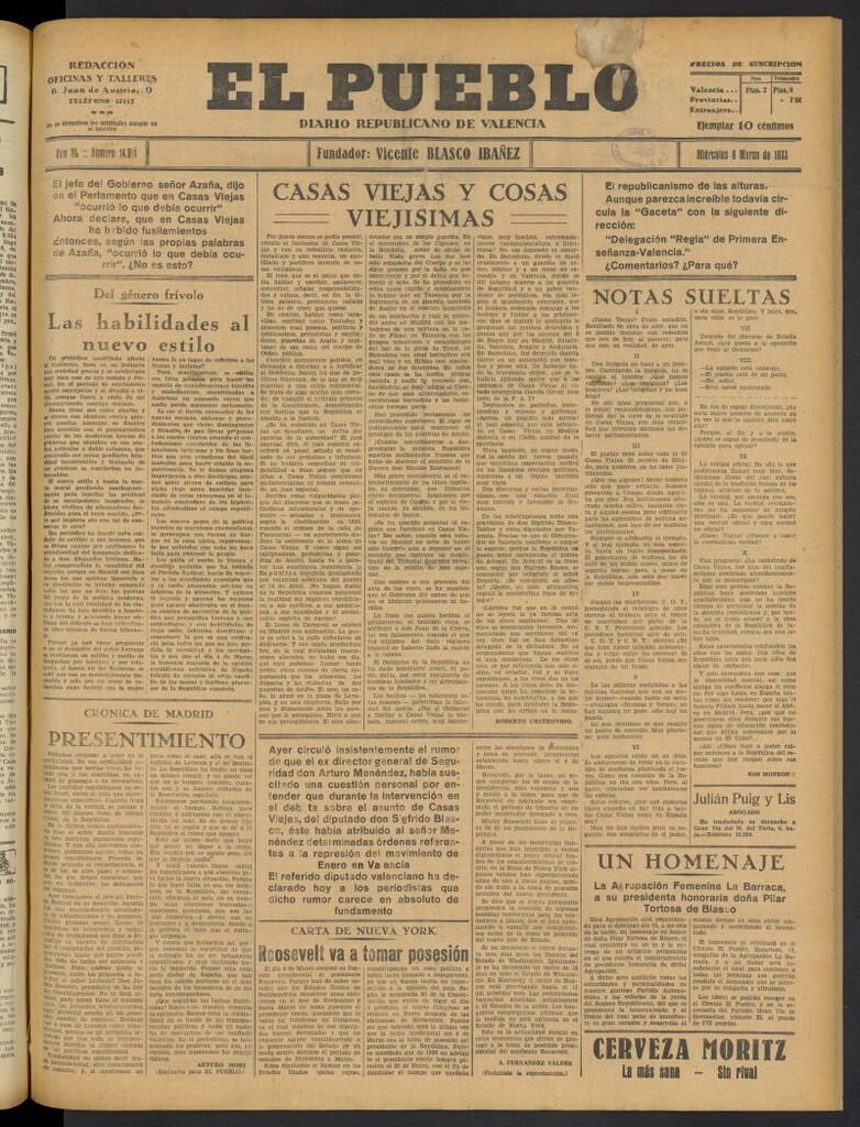 Miniatura de El Pueblo : Diario republicano de Valencia del 8 de marzo de 1933, nº 14.011