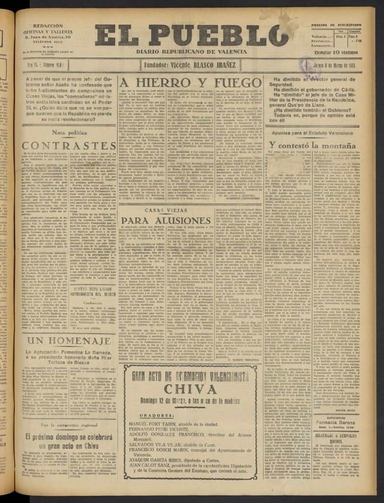 Miniatura de El Pueblo : Diario republicano de Valencia del 9 de marzo de 1933, nº 14.012