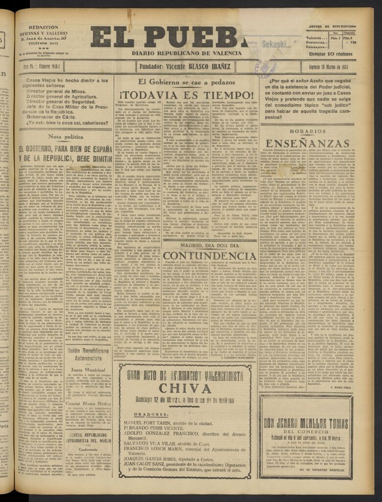 Miniatura de El Pueblo : Diario republicano de Valencia del 10 de marzo de 1933, nº 14.013