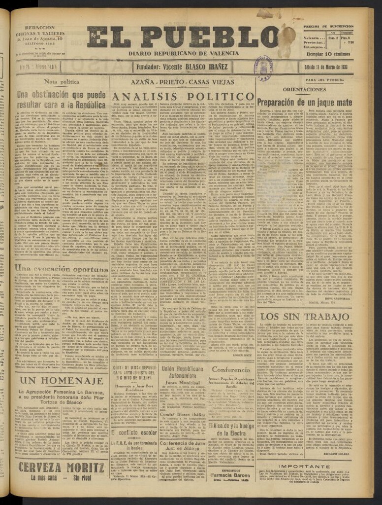 Miniatura de El Pueblo : Diario republicano de Valencia del 11 de marzo de 1933, nº 14.014
