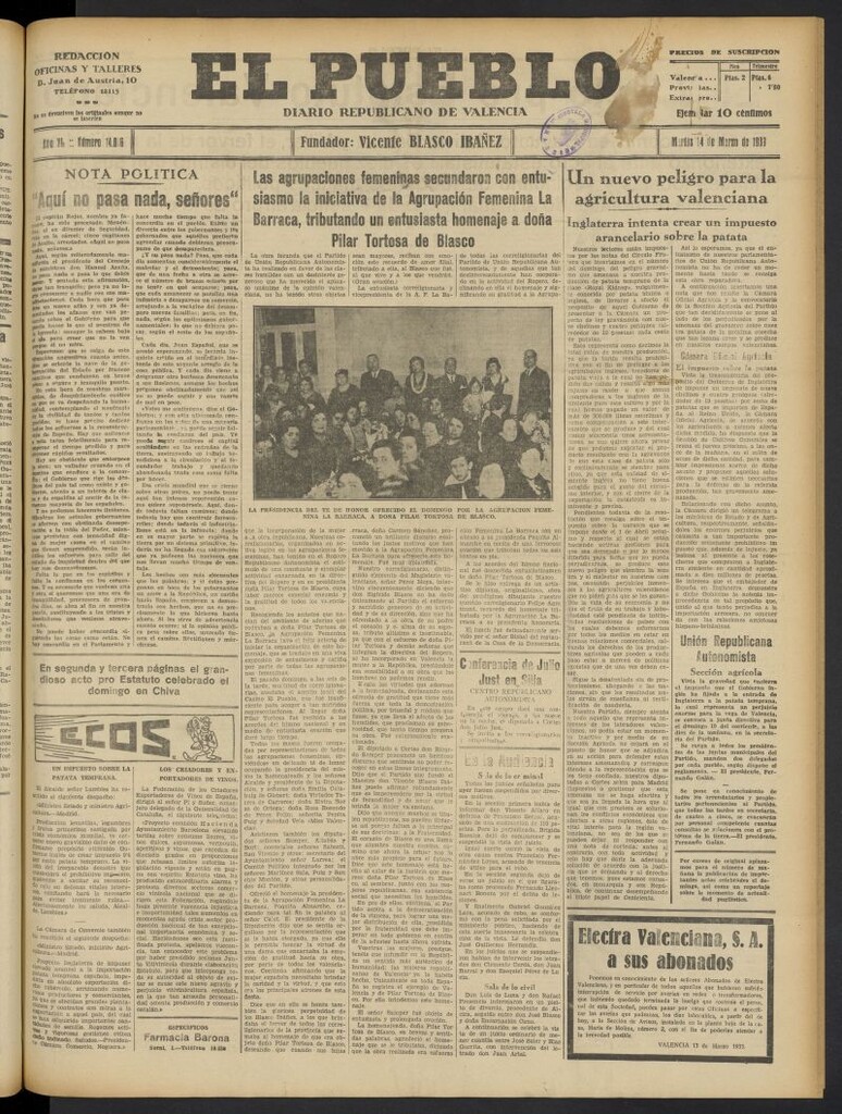 Miniatura de El Pueblo : Diario republicano de Valencia del 14 de marzo de 1933, nº 14.016