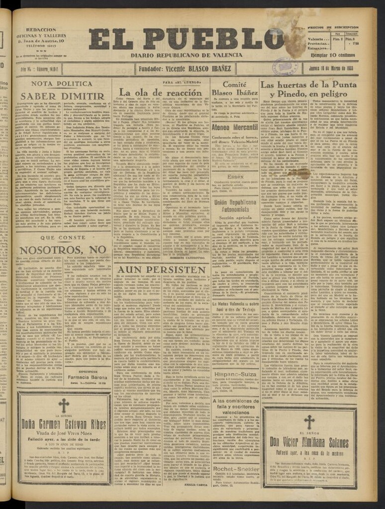 Miniatura de El Pueblo : Diario republicano de Valencia del 16 de marzo de 1933, nº 14.018
