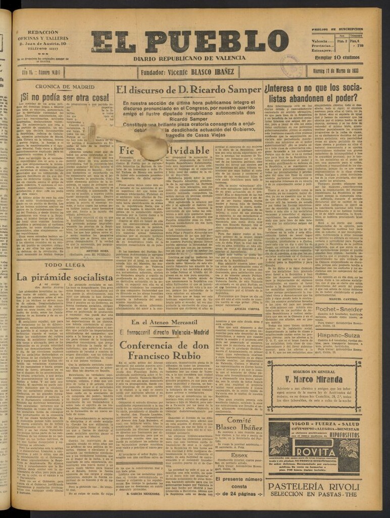 Miniatura de El Pueblo : Diario republicano de Valencia del 17 de marzo de 1933, nº 14.019