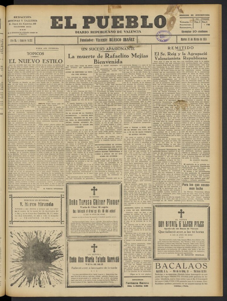 Miniatura de El Pueblo : Diario republicano de Valencia del 21 de marzo de 1933, nº 14.022