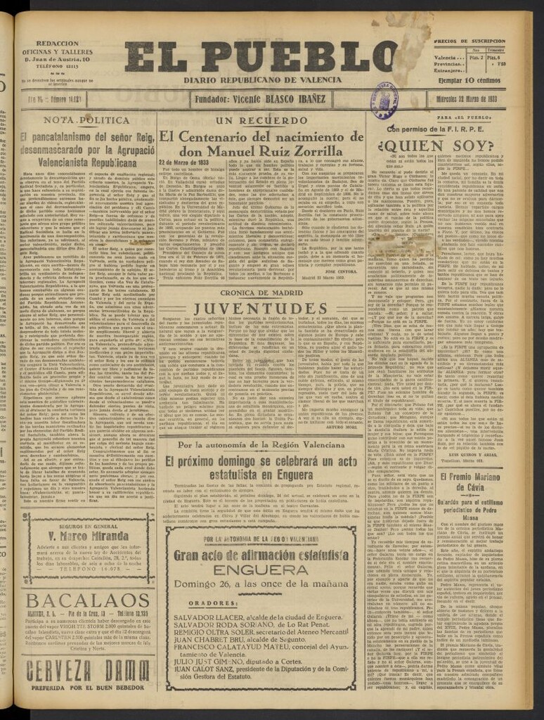 Miniatura de El Pueblo : Diario republicano de Valencia del 22 de marzo de 1933, nº 14.023