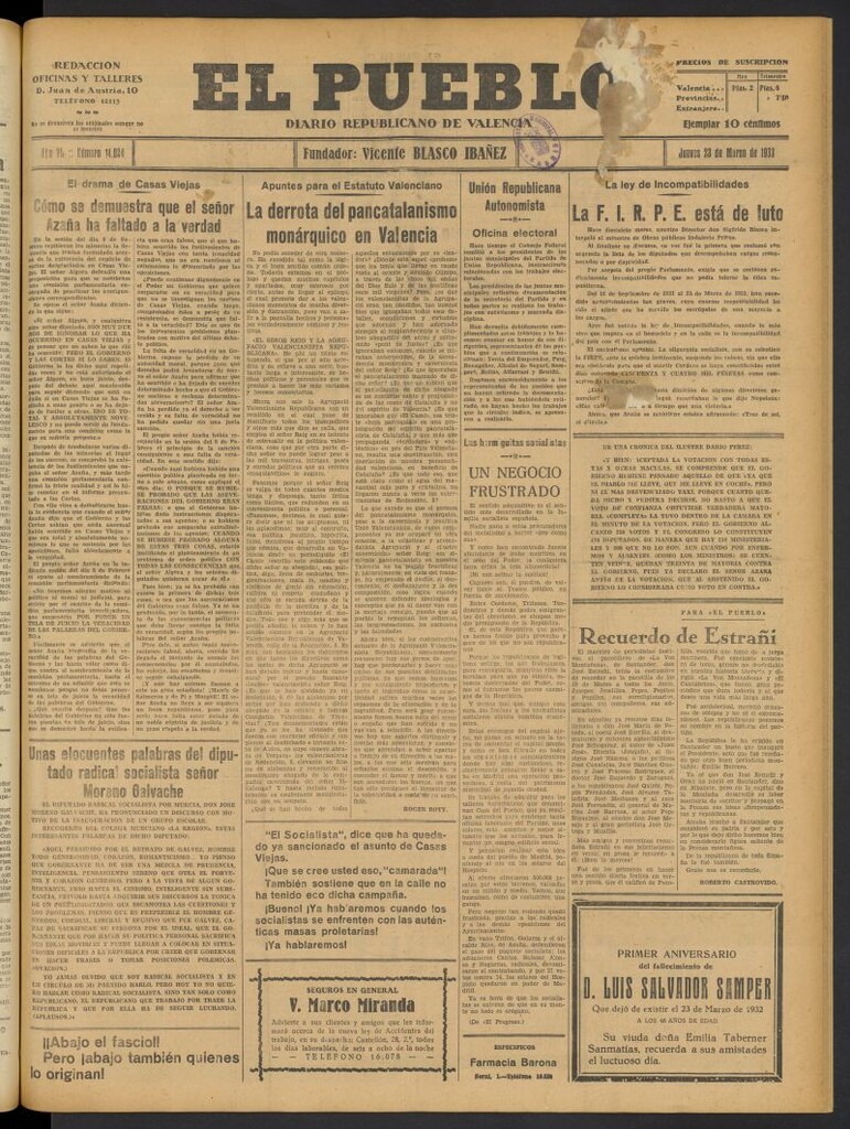 Miniatura de El Pueblo : Diario republicano de Valencia del 23 de marzo de 1933, nº 14.024