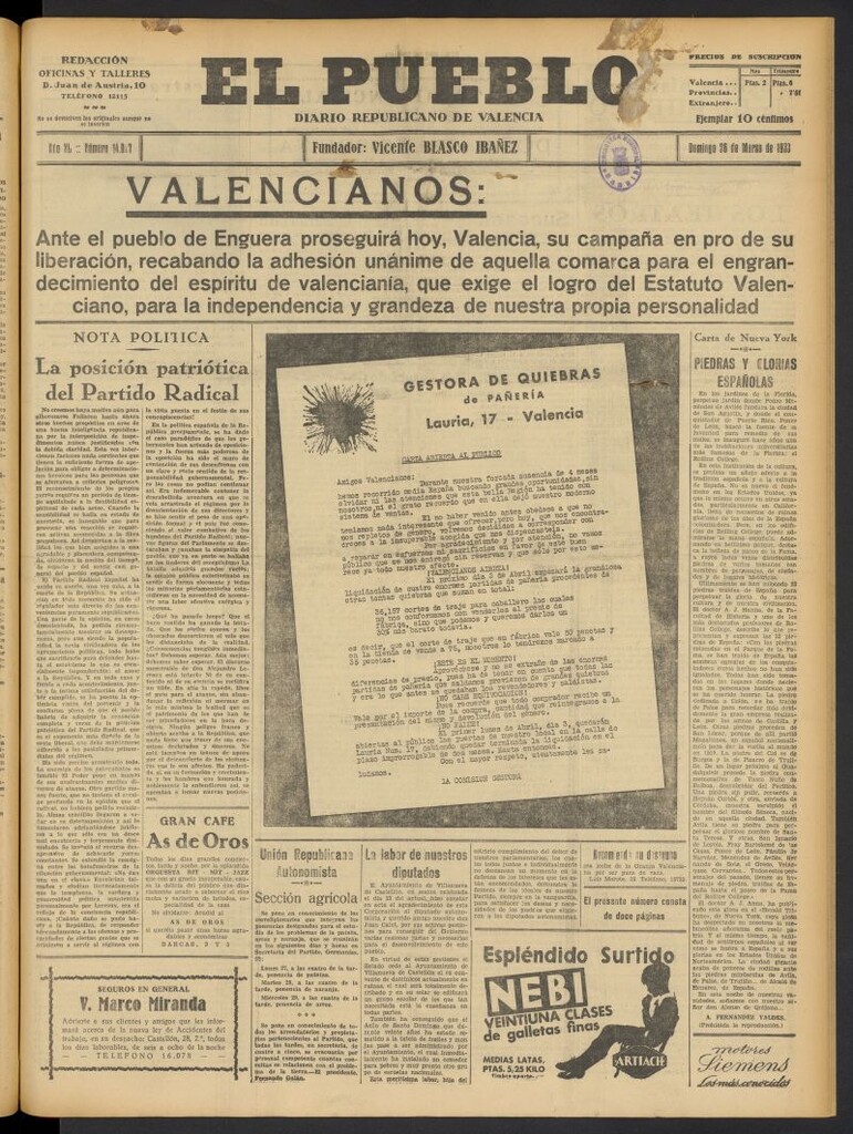 Miniatura de El Pueblo : Diario republicano de Valencia del 26 de marzo de 1933, nº 14.027