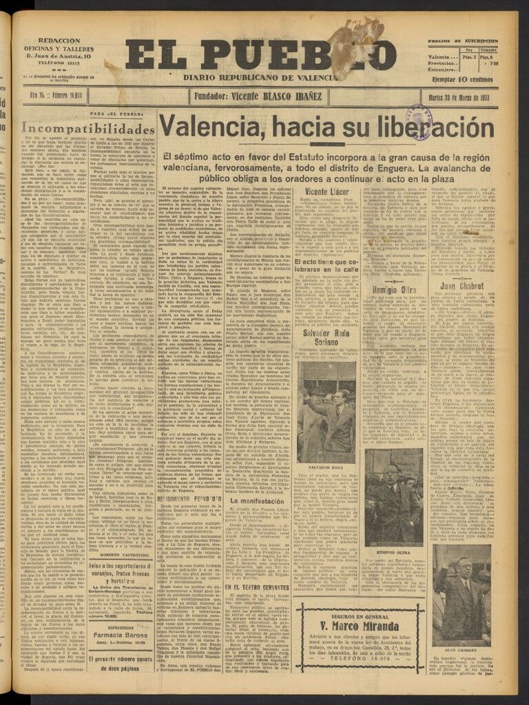Miniatura de El Pueblo : Diario republicano de Valencia del 28 de marzo de 1933, nº 14.028