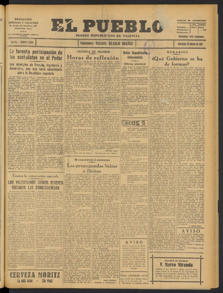 Miniatura de El Pueblo : Diario republicano de Valencia del 29 de marzo de 1933, nº 14.029