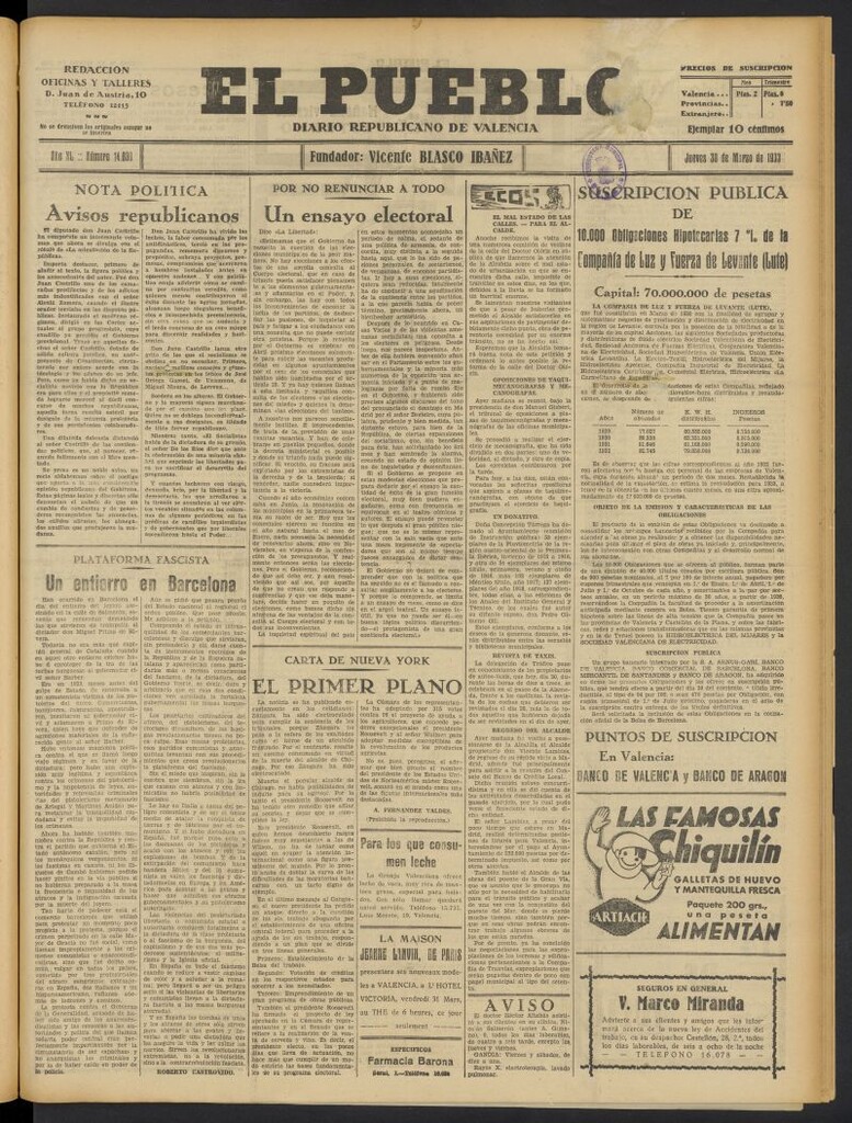 Miniatura de El Pueblo : Diario republicano de Valencia del 30 de marzo de 1933, nº 14.030