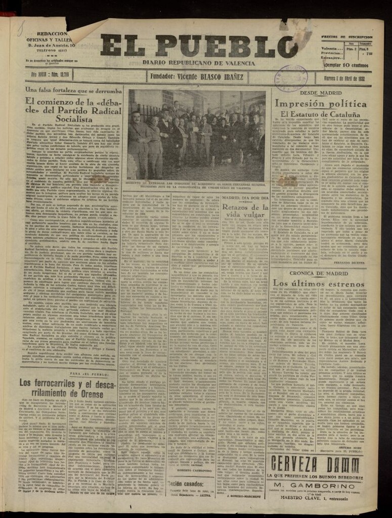 Miniatura de El Pueblo : Diario republicano de Valencia del 1 de abril de 1932, nº 13.719