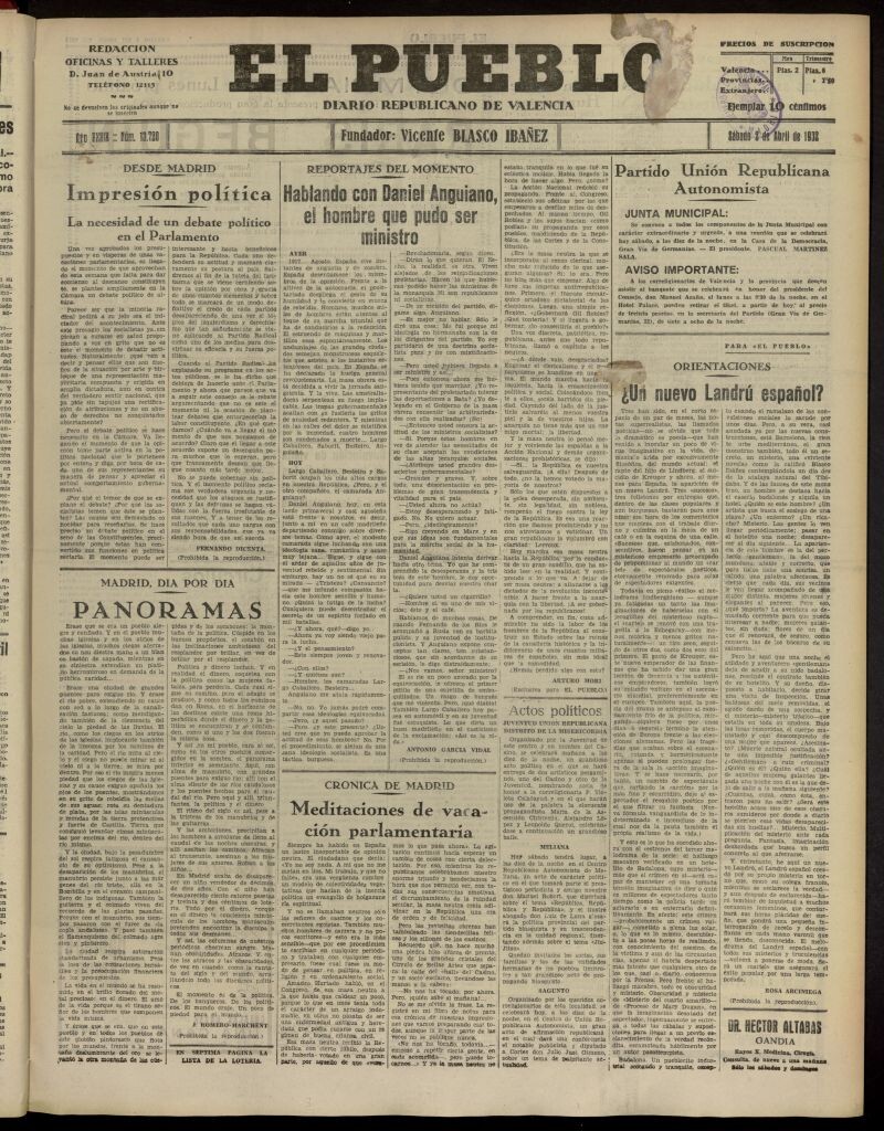 Miniatura de El Pueblo : Diario republicano de Valencia del 2 de abril de 1932, nº 13.720