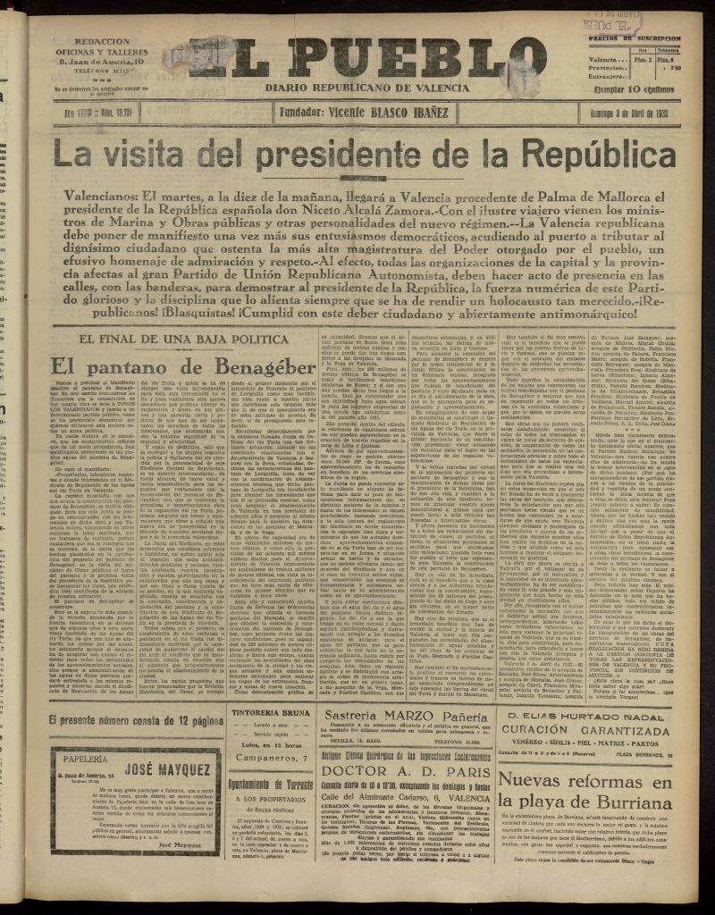 Miniatura de El Pueblo : Diario republicano de Valencia del 3 de abril de 1932, nº 13.721