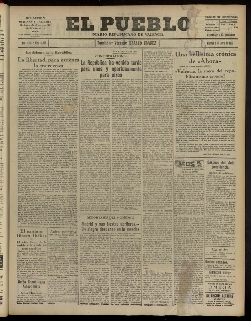 Miniatura de El Pueblo : Diario republicano de Valencia del 8 de abril de 1932, nº 13.725