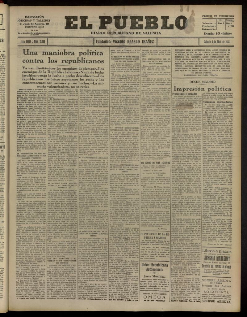 Miniatura de El Pueblo : Diario republicano de Valencia del 9 de abril de 1932, nº 13.726