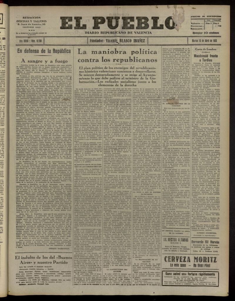 Miniatura de El Pueblo : Diario republicano de Valencia del 12 de abril de 1932, nº 13.728