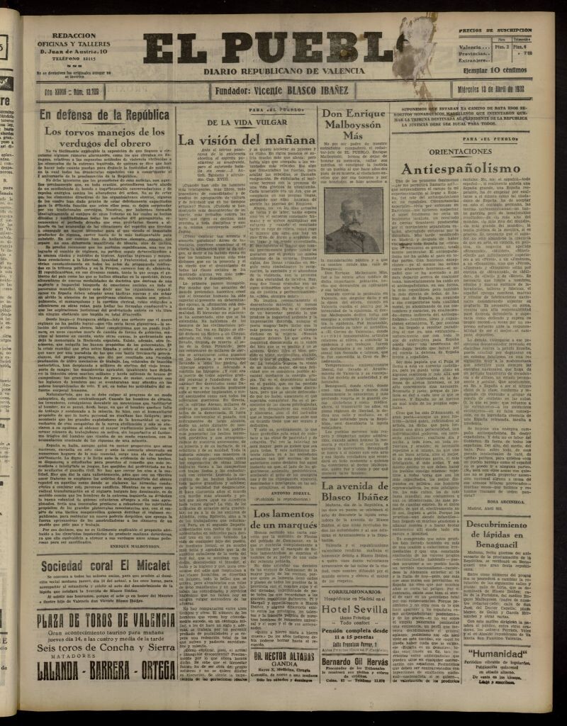 Miniatura de El Pueblo : Diario republicano de Valencia del 13 de abril de 1932, nº 13.729
