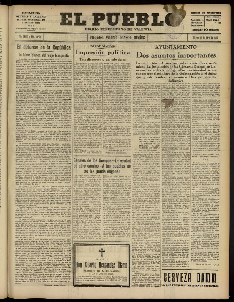 Miniatura de El Pueblo : Diario republicano de Valencia del 19 de abril de 1932, nº 13.734