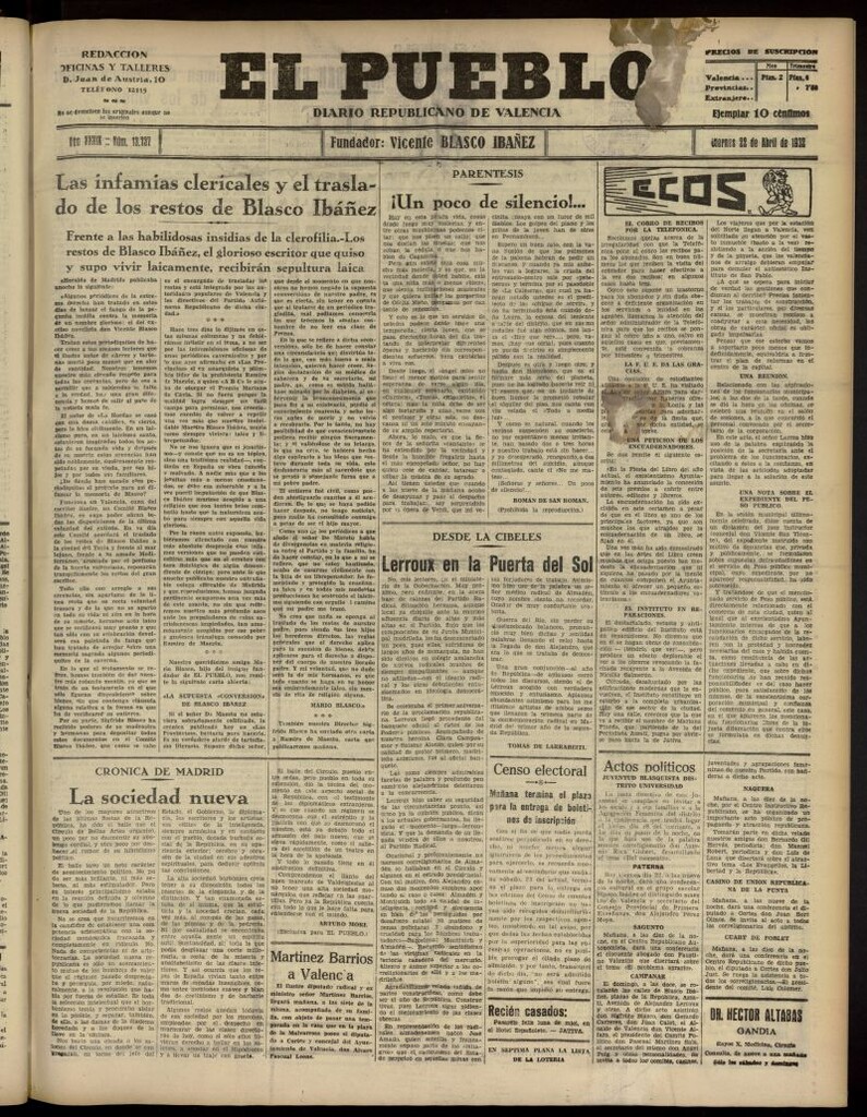 Miniatura de El Pueblo : Diario republicano de Valencia del 22 de abril de 1932, nº 13.737