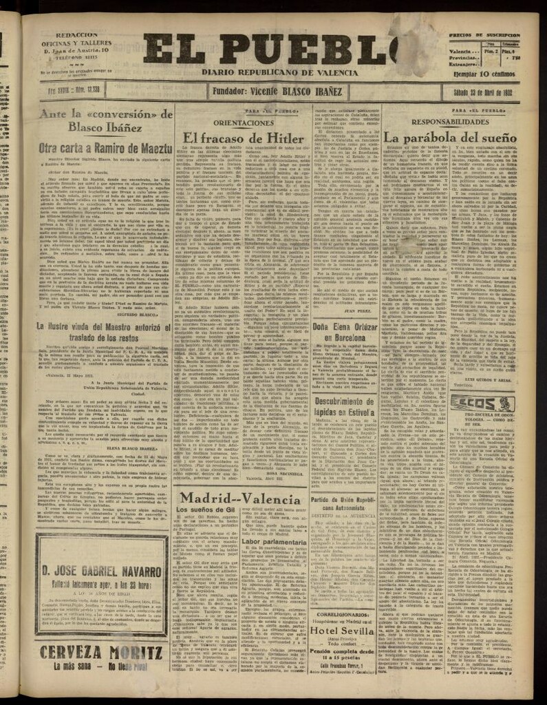 Miniatura de El Pueblo : Diario republicano de Valencia del 23 de abril de 1932, nº 13.738