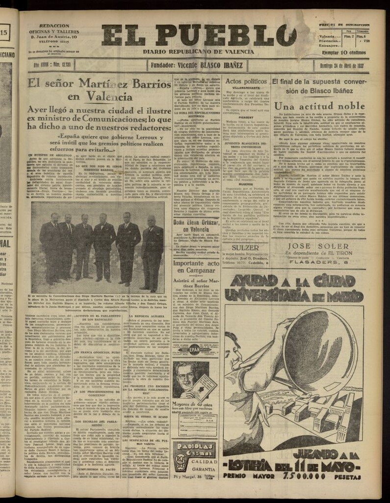 Miniatura de El Pueblo : Diario republicano de Valencia del 24 de abril de 1932, nº 13.739