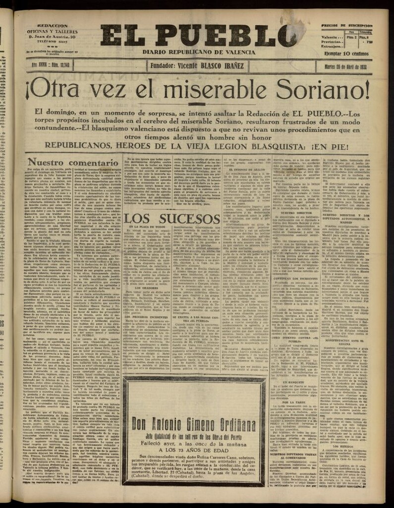 Miniatura de El Pueblo : Diario republicano de Valencia del 26 de abril de 1932, nº 13.740
