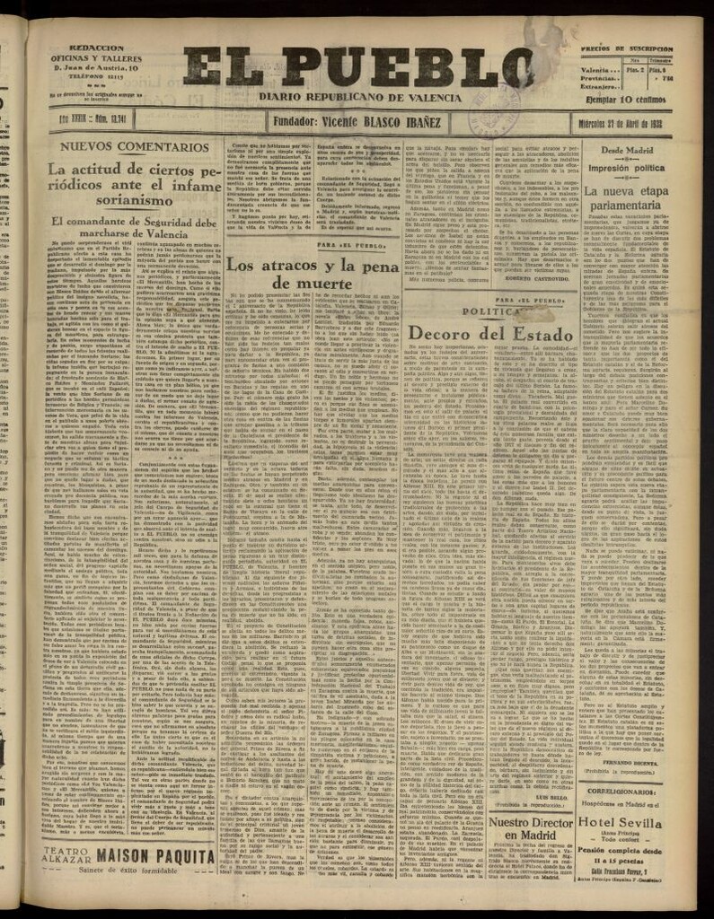 Miniatura de El Pueblo : Diario republicano de Valencia del 27 de abril de 1932, nº 13.741
