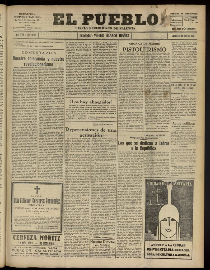 Miniatura de El Pueblo : Diario republicano de Valencia del 28 de abril de 1932, nº 13.742