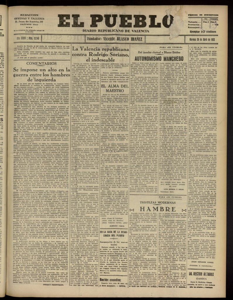 Miniatura de El Pueblo : Diario republicano de Valencia del 29 de abril de 1932, nº 13.743