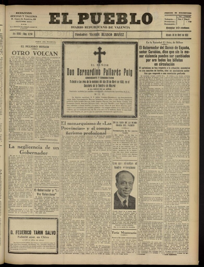 Miniatura de El Pueblo : Diario republicano de Valencia del 30 de abril de 1932, nº 13.744