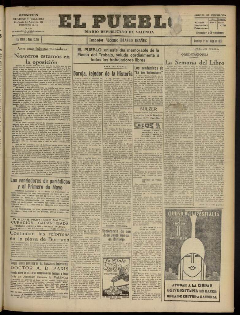 Miniatura de El Pueblo : Diario republicano de Valencia del 1 de mayo de 1932, nº 13.745