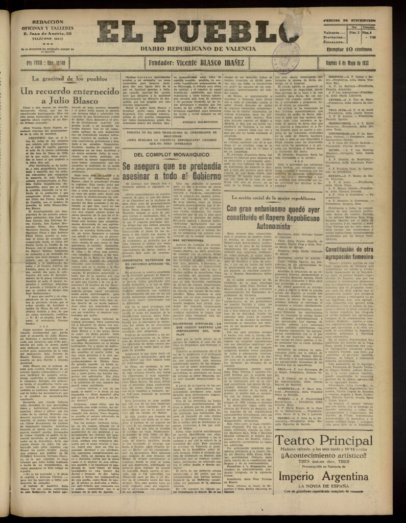 Miniatura de El Pueblo : Diario republicano de Valencia del 6 de mayo de 1932, nº 13.749