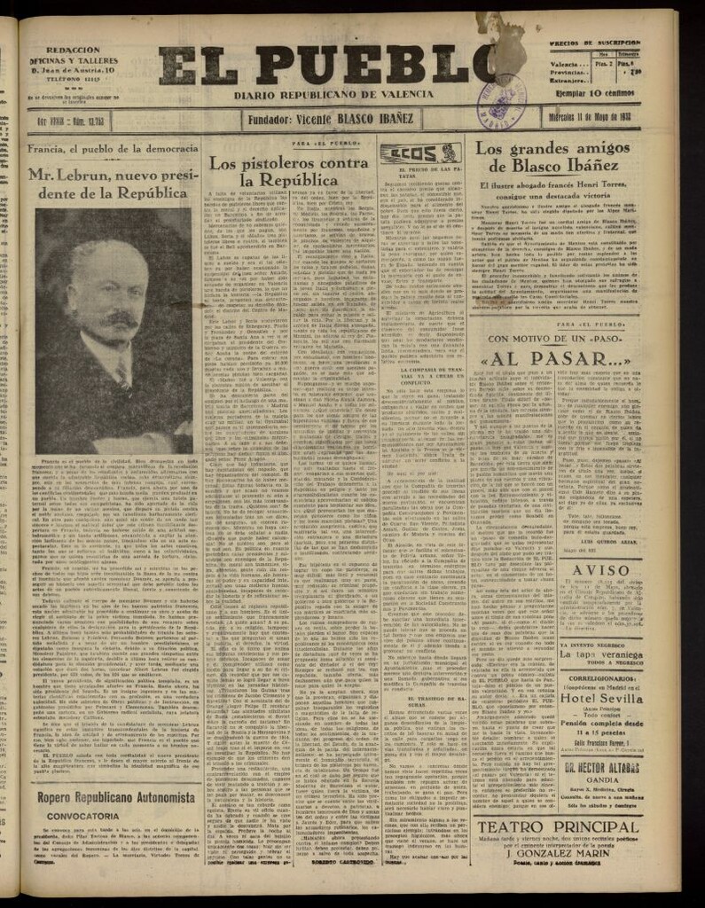 Miniatura de El Pueblo : Diario republicano de Valencia del 11 de mayo de 1932, nº 13.753