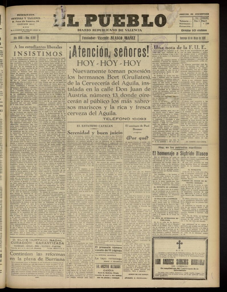 Miniatura de El Pueblo : Diario republicano de Valencia del 15 de mayo de 1932, nº 13.757