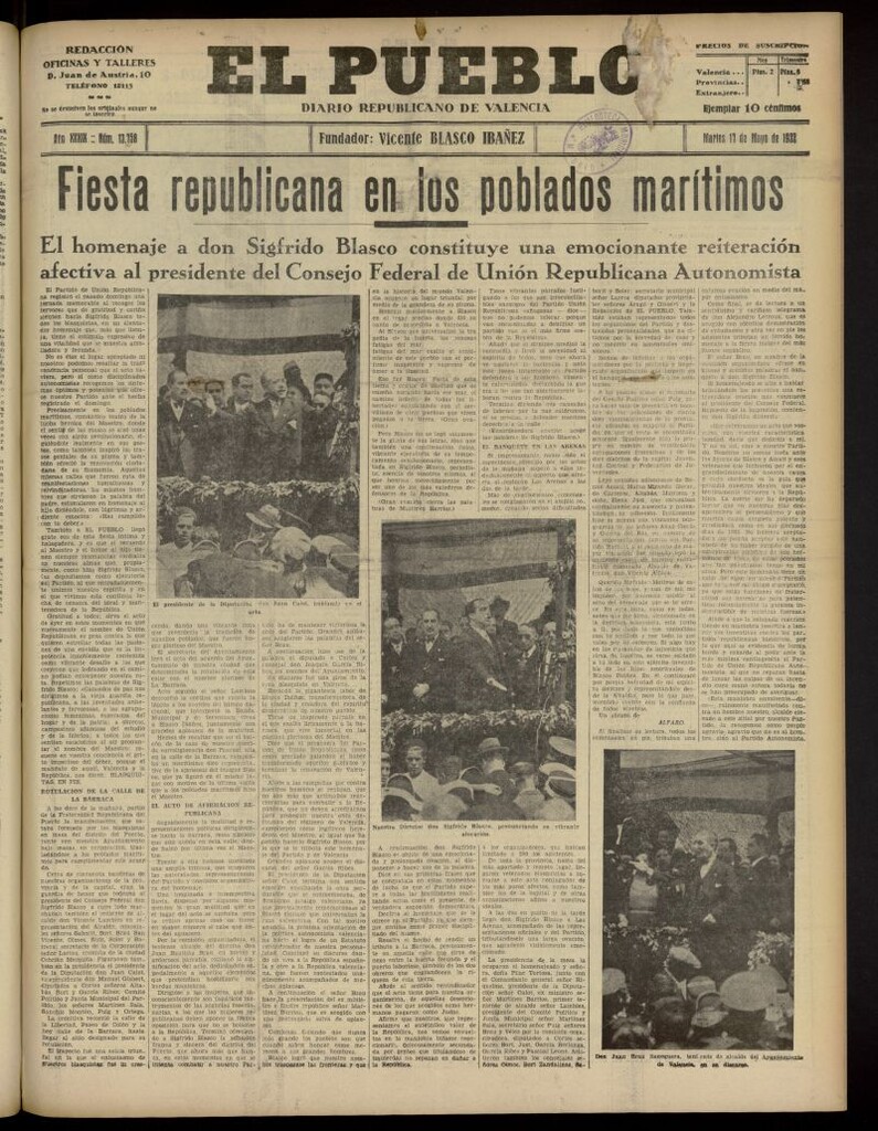 Miniatura de El Pueblo : Diario republicano de Valencia del 17 de mayo de 1932, nº 13.758