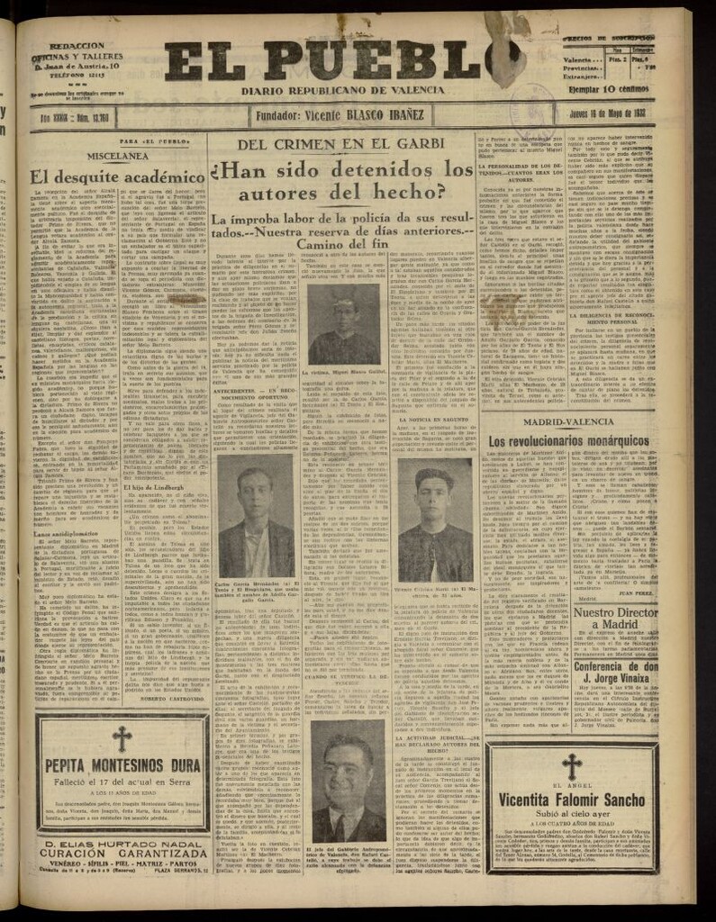 Miniatura de El Pueblo : Diario republicano de Valencia del 19 de mayo de 1932, nº 13.760