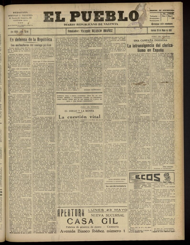 Miniatura de El Pueblo : Diario republicano de Valencia del 20 de mayo de 1932, nº 13.761