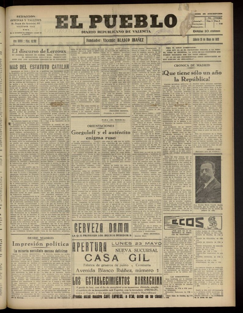 Miniatura de El Pueblo : Diario republicano de Valencia del 21 de mayo de 1932, nº 13.762