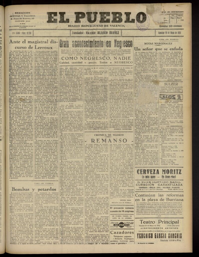 Miniatura de El Pueblo : Diario republicano de Valencia del 22 de mayo de 1932, nº 13.763